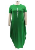 Summer Plus Size Casual Green Print O-Neck Long Dress