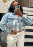 Summer Light Blue Chains Slit Short Denim Jacket