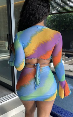 Summer Print Sexy Long Sleeve Crop Top and Mini Skirt Set