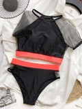 Two-Piece Color Block High Waist Short Sleeves Swimwear