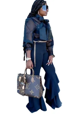 Summer Formal Black Transparent Blouse and Ruffles Fkare Pants Set