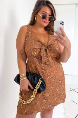 Summer Plus Size Print Brown Sleevless Skater Dress