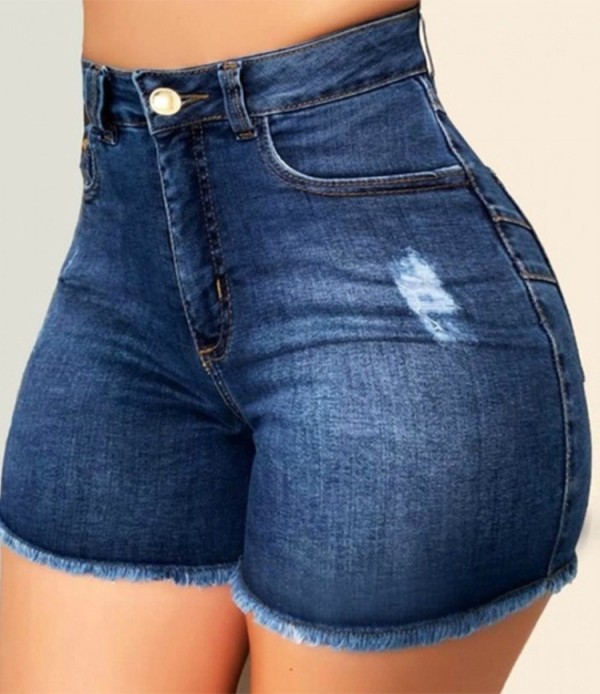 Summer Dark Blue Fit Fringe High Waist Denim Shorts