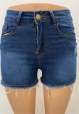Summer Blue Fit Fringe High Waist Denim Shorts