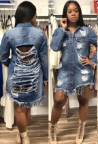 Spring Dark Blue Ripped Fringe Long Denim Jacket