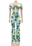 Summer Print Green Strapless Crop Top and Flare Pants 2PC Set