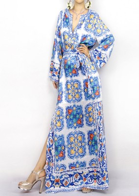 Summer Print Long Sleeves Abaya Muslim Long Robe