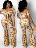 Summer Print Yellow Strapless Crop Top and Flare Pants 2PC Set