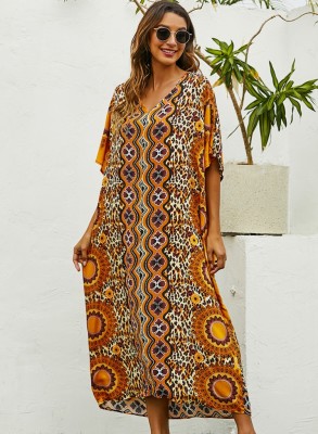 Summer Print Short Sleeves Abaya Muslim Long Robe