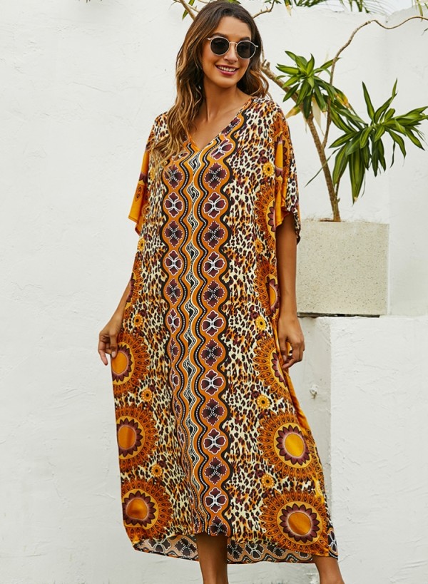Summer Print Short Sleeves Abaya Muslim Long Robe