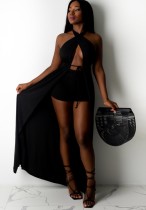 Summer Black Wrap Long Halter Top and Shorts Set