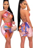 Summer Multicolor Wrap Crop Top and Mini Skirt Set