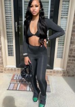 Summer Black Sexy Long Sleeve Crop Top and Pants Set