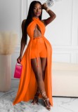 Summer Orange Wrap Long Halter Top and Shorts Set