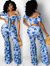 Summer Print Blue Strapless Crop Top and Flare Pants 2PC Set