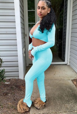 Summer Blue Sexy Long Sleeve Crop Top and Pants Set
