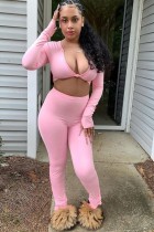 Summer Pink Sexy Long Sleeve Crop Top and Pants Set