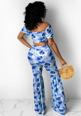 Summer Print Blue Strapless Crop Top and Flare Pants 2PC Set
