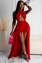 Summer Red Wrap Long Halter Top and Shorts Set