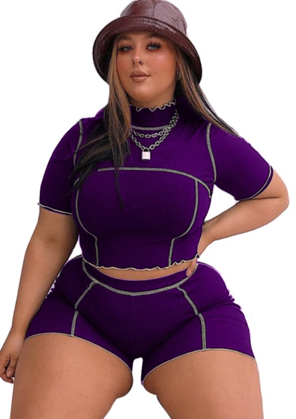 Summer Plus Size Purple Crop Top and Shorts 2pc Matching Set