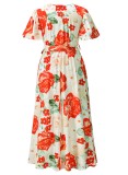 Summer Floral Red Short Sleeves Wrap Long Dress