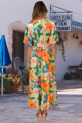 Summer Floral Orange Short Sleeves Wrap Long Dress