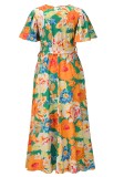 Summer Floral Orange Short Sleeves Wrap Long Dress