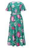 Summer Floral Green Short Sleeves Wrap Long Dress