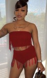 Summer Sexy Red Fringe Strapless Crop Top and High Cut Shorts Set