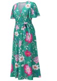 Summer Floral Green Short Sleeves Wrap Long Dress