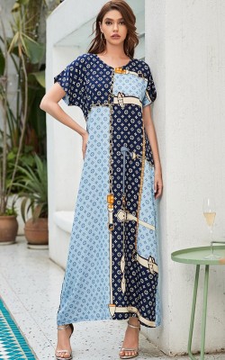 Summer Print Short Sleeves Abaya Muslim Long Dress