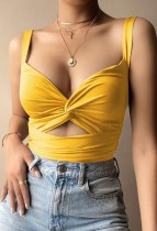 Summer Yellow Sexy Twist Cut Out Strap Crop Top