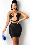 Summer Black Leather Cut Out Sexy Halter Ruched Bodycon Dress
