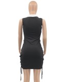 Summer Casual Black Sides Lace-Up Sleeveless Shirt Dress