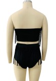 Summer Sexy Black Fringe Strapless Crop Top and High Cut Shorts Set