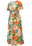 Summer Floral Orange Short Sleeves Wrap Long Dress