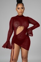 Summer Red Plaid Cut Out Sexy Ruched Strings Club Dress with Full Sleeves