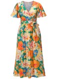 Summer Floral Orange Short Sleeves Wrap Long Dress