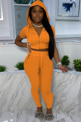 Summer Casual Orange Crop Top and Pants 2 Piece Hooded Tracksuit