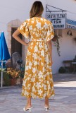 Summer Floral Yellow Short Sleeves Wrap Long Dress