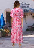 Summer Floral Pink Short Sleeves Wrap Long Dress