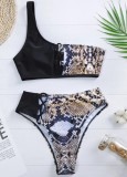 Sexy Lace-Up One Shoulder Snake Skin Two-Piece Swimwear