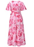 Summer Floral Pink Short Sleeves Wrap Long Dress