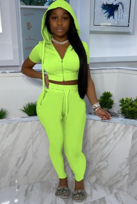Summer Casual Green Crop Top and Pants 2 Piece Hooded Tracksuit