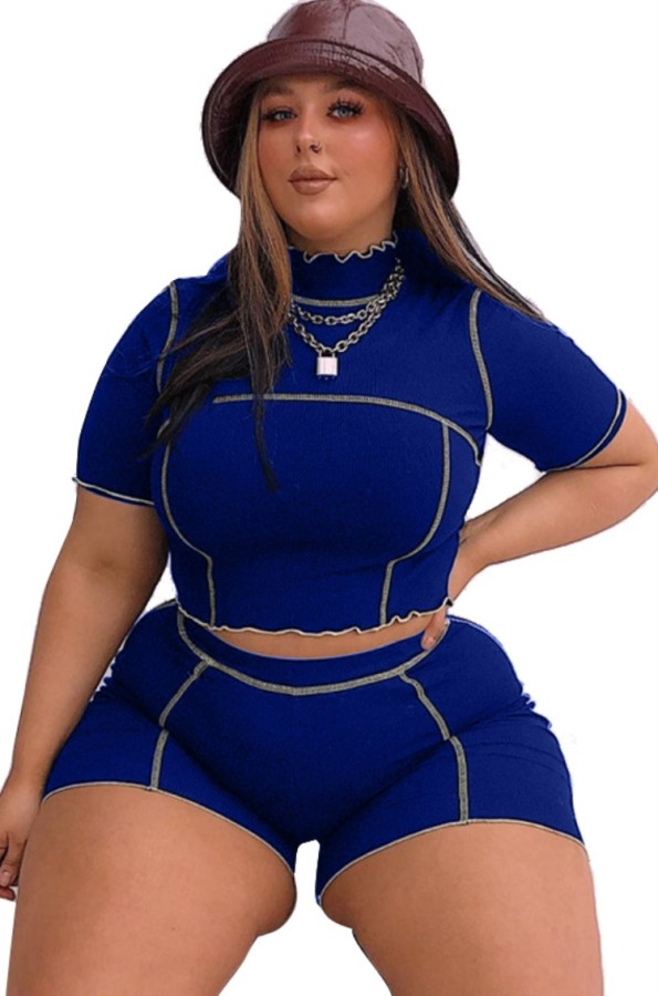 Summer Plus Size Blue Crop Top and Shorts 2pc Matching Set