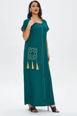 Summer Green Short Sleeves Abaya Muslim Long Dress