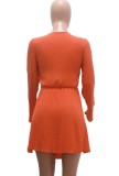 Summer Orange Cut Out Long Sleeve Knotted Sexy Skater Dress