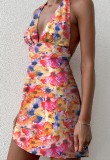 Summer Sexy Deep-V Floral Halter Mini Dress