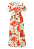 Summer Floral Red Short Sleeves Wrap Long Dress