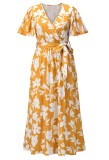 Summer Floral Yellow Short Sleeves Wrap Long Dress